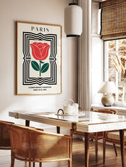 Paris Flower Market poster featuring a red rose illustration with green leaves within a black and white geometric frame. - Image 2