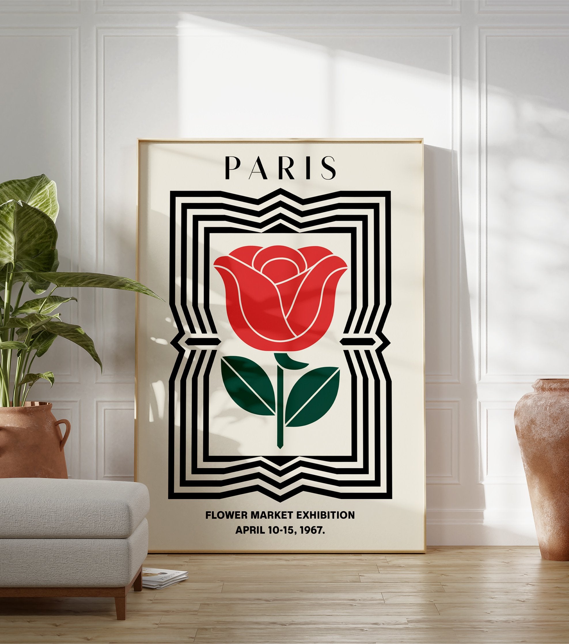 Paris Flower Market poster featuring a red rose illustration with green leaves within a black and white geometric frame. - Image 3