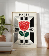 Paris Flower Market poster featuring a red rose illustration with green leaves within a black and white geometric frame. - Image 3