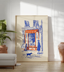 Paris street scene poster of a woman walking a blue dog on a red leash past a cafe with a red awning. - Image 3