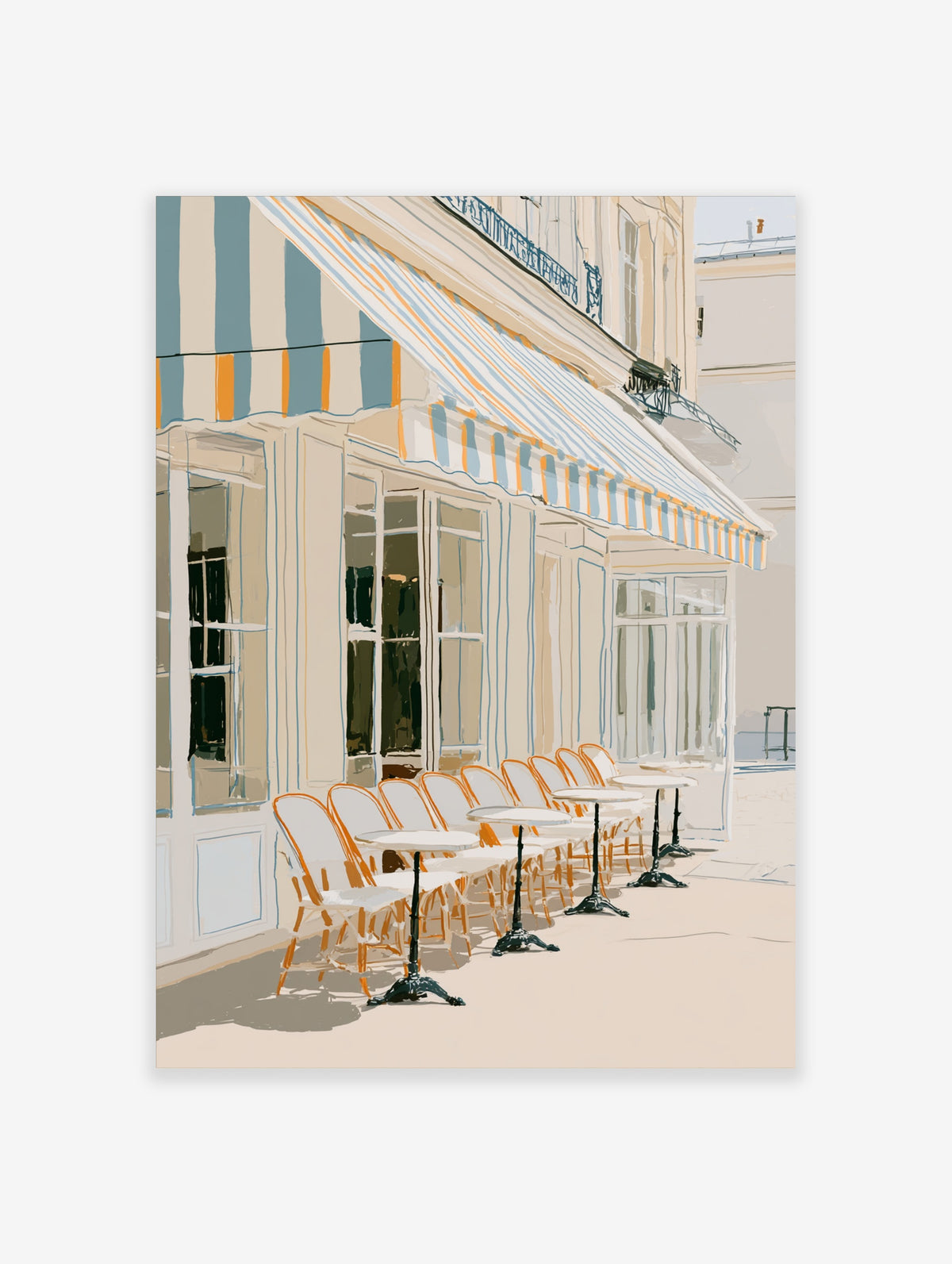 Parisian cafe poster with striped awning, rattan chairs and round tables on a sunlit French street