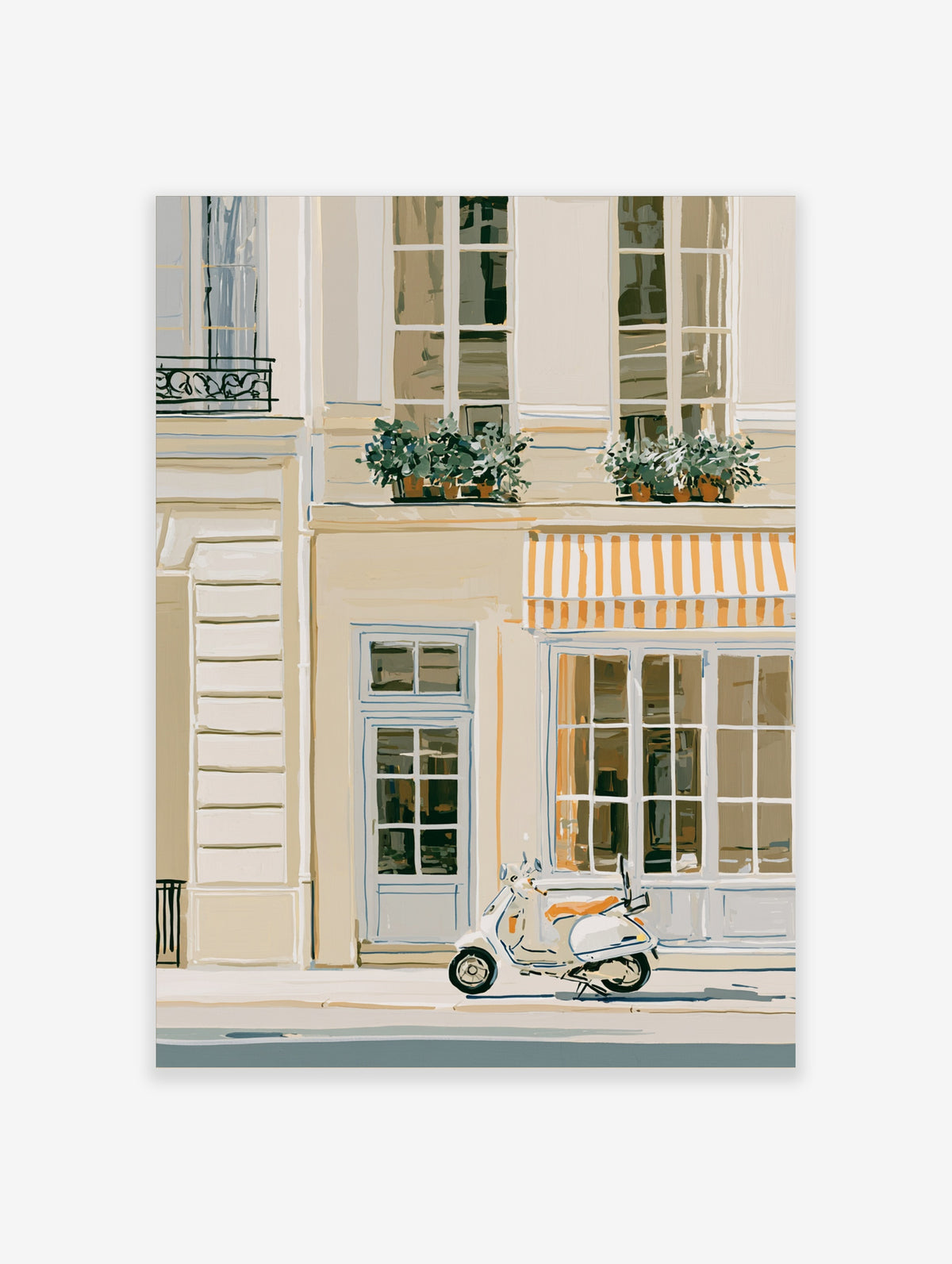 Parisian street art print with white scooter, cream facade, orange awning, and window boxes