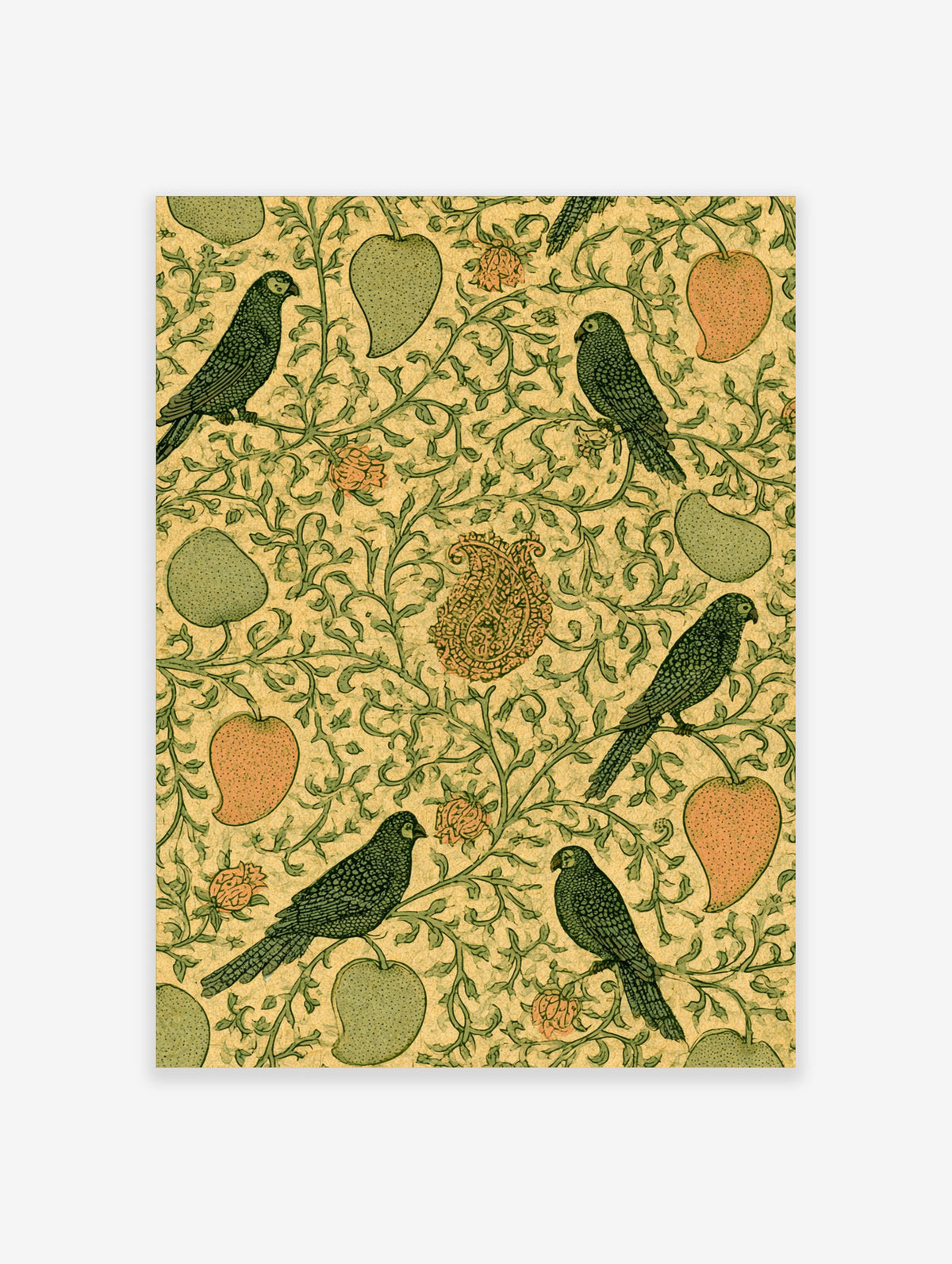 Vintage parrot art print with green birds, vines, peaches, and paisley motif on cream background
