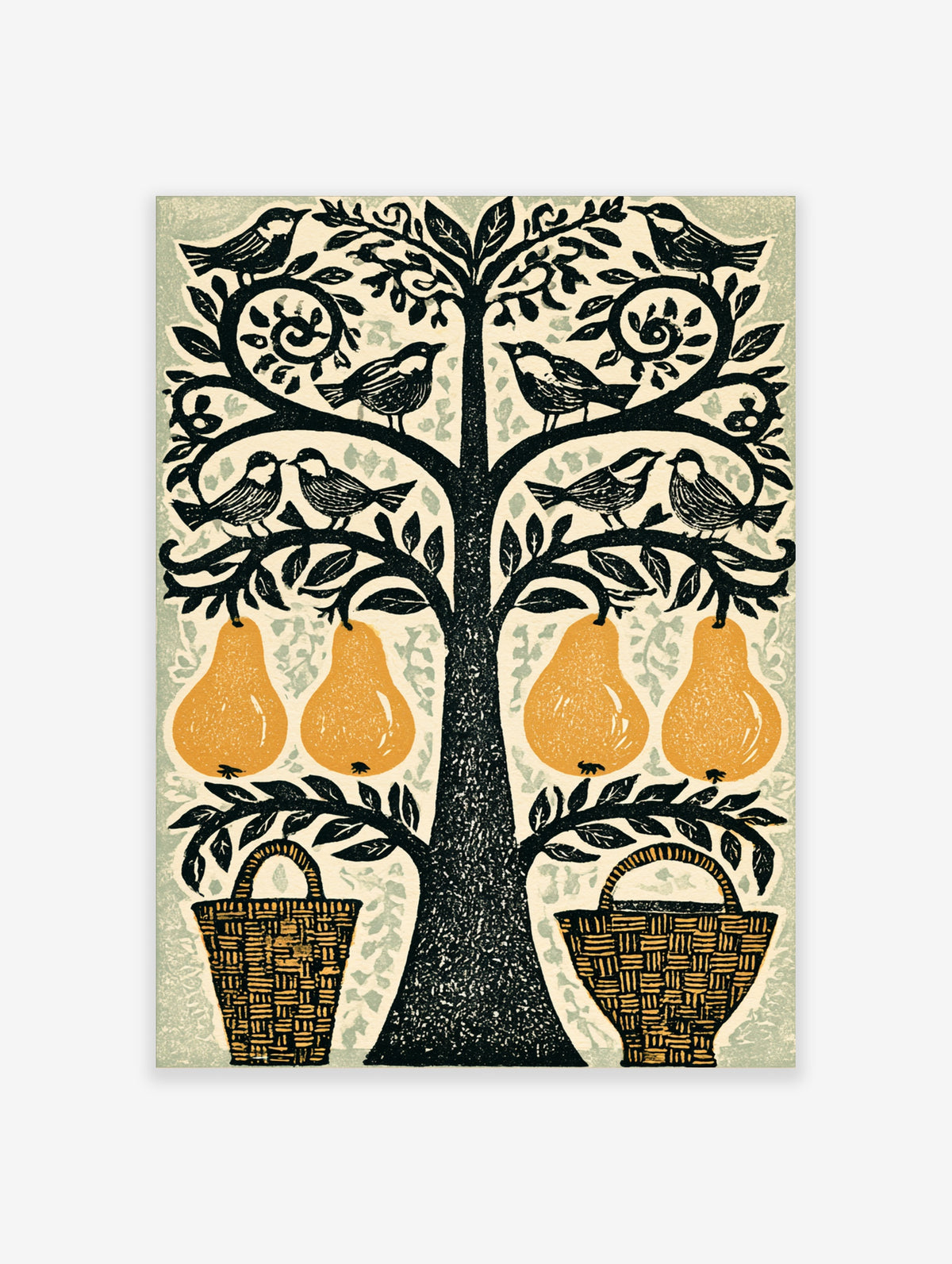 Folk art partridge in a pear tree poster with eight black birds, four orange pears, and two woven baskets