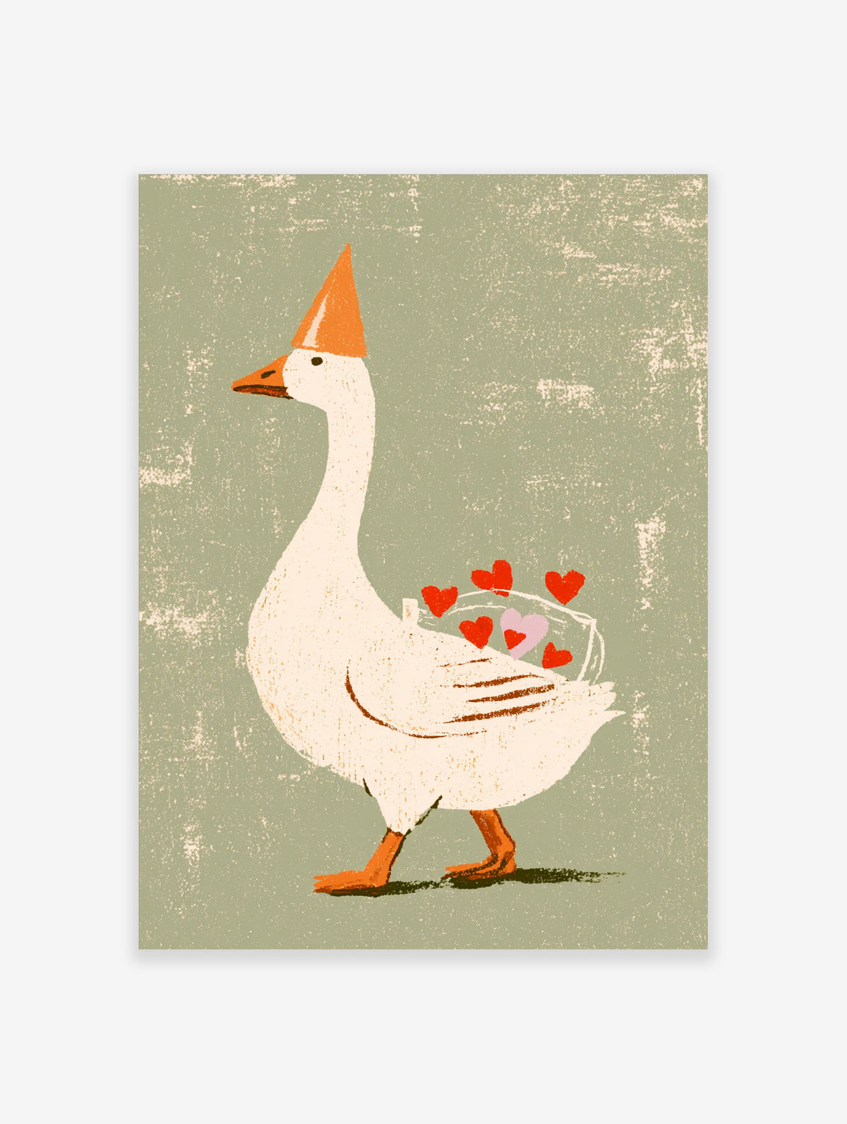 White goose in orange party hat carrying basket of hearts on sage green background