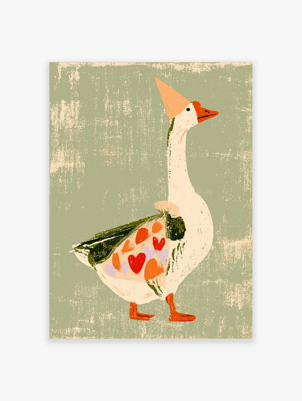 Party goose poster with orange hat and heart-patterned wing on sage green background