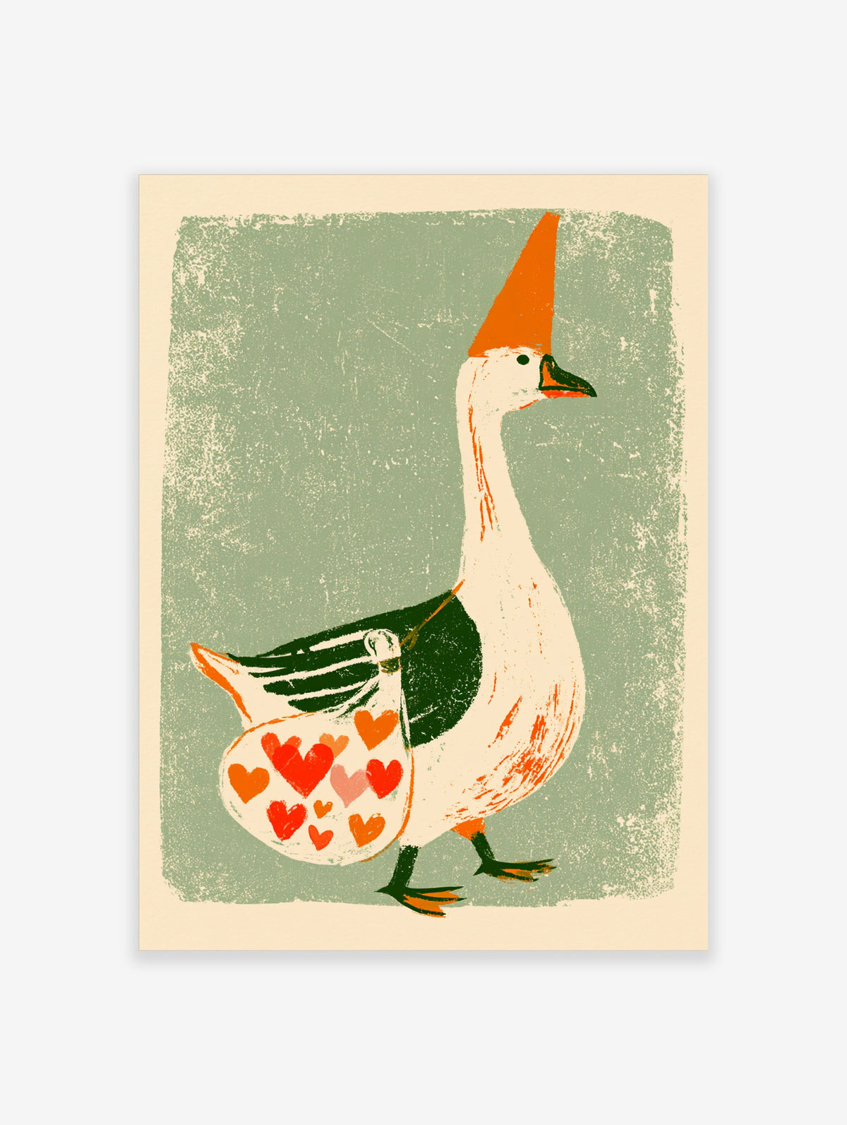 Whimsical goose in orange party hat carrying heart bag, green textured background, animal poster