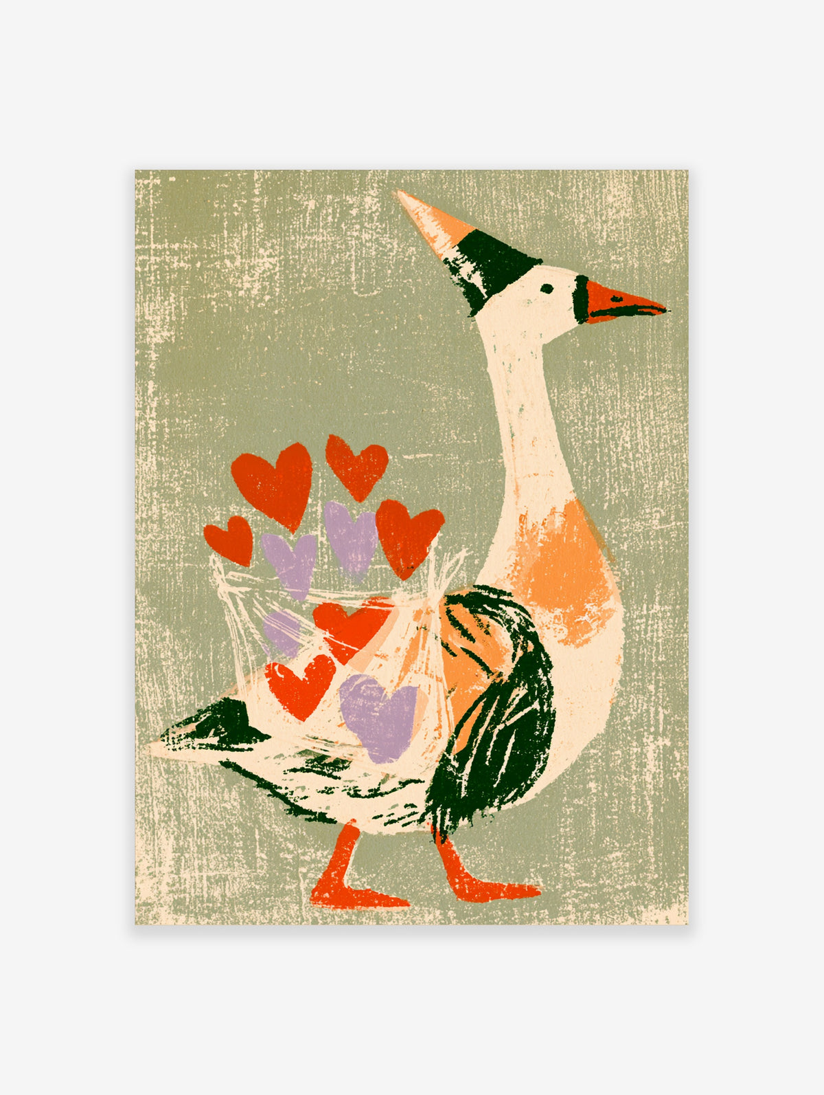 Quirky goose in a striped cone hat carrying a basket of red and purple hearts on a textured green background
