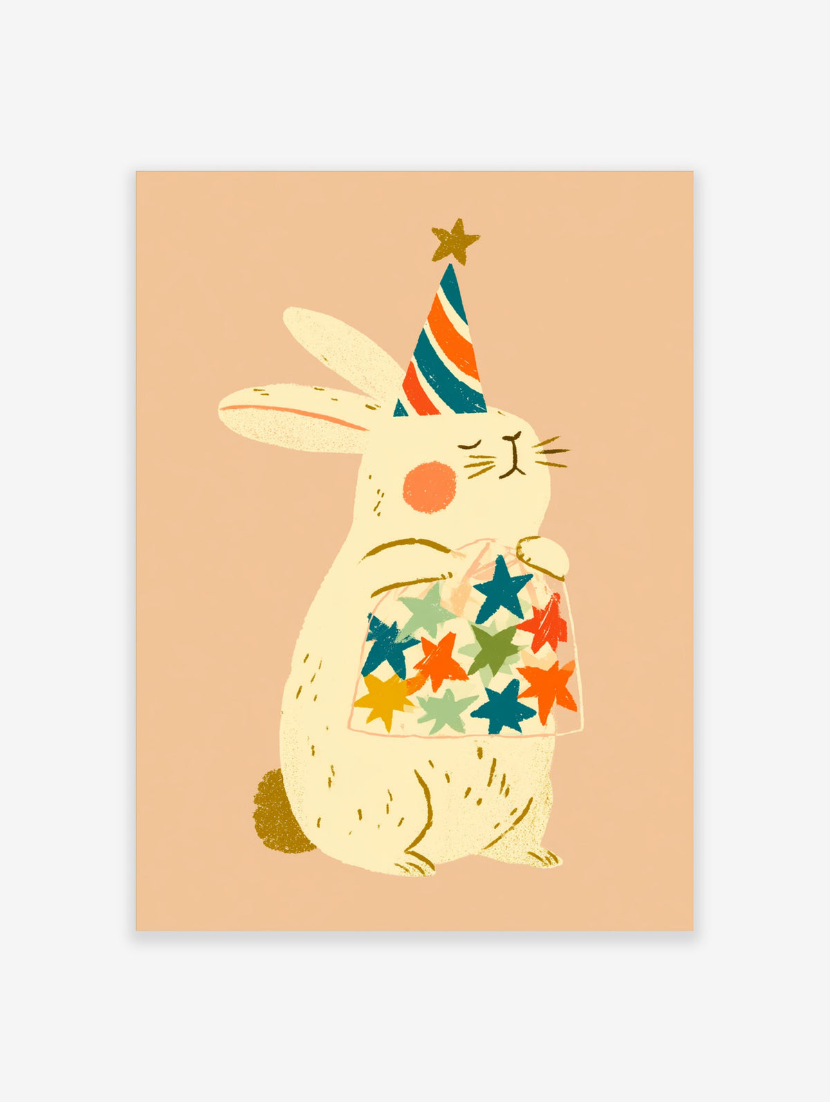 Cream rabbit wearing a striped party hat holding a bag of colourful stars on a peach background