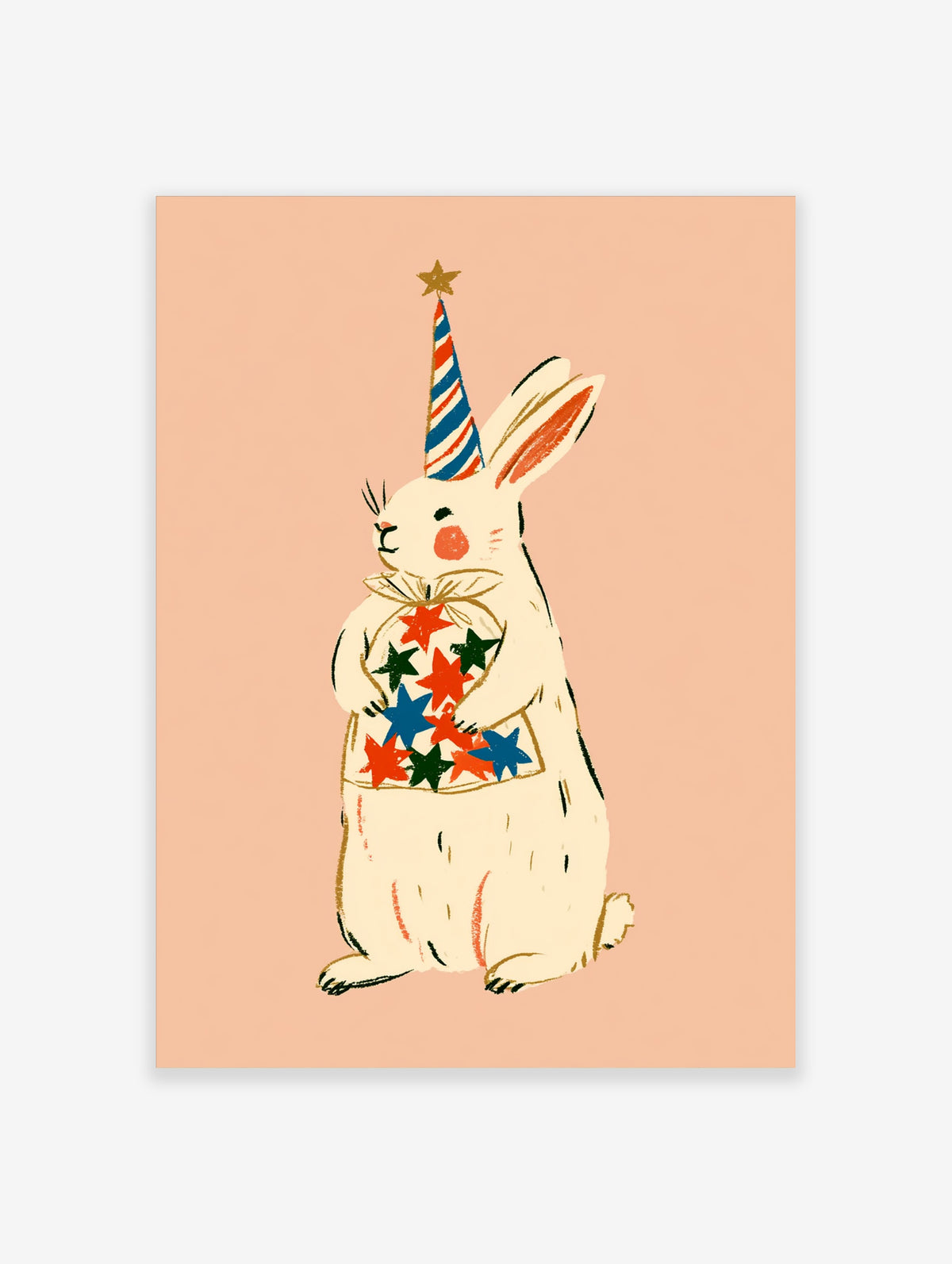 White rabbit in a striped party hat holding a sack of colourful stars on a peach background