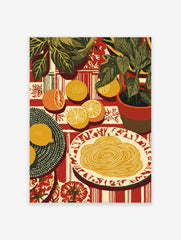 Illustrative still life print of pasta, sliced citrus fruits, and green potted plants on a red patterned tablecloth