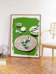 Illustrated spaghetti and clams pasta print on a pink plate with lemon and sauce on a green background. - Image 2