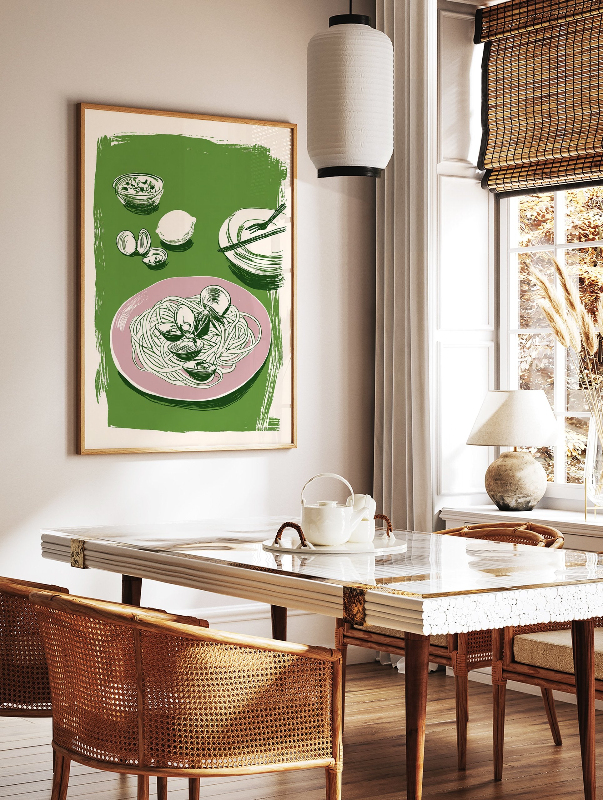 Illustrated spaghetti and clams pasta print on a pink plate with lemon and sauce on a green background. - Image 3