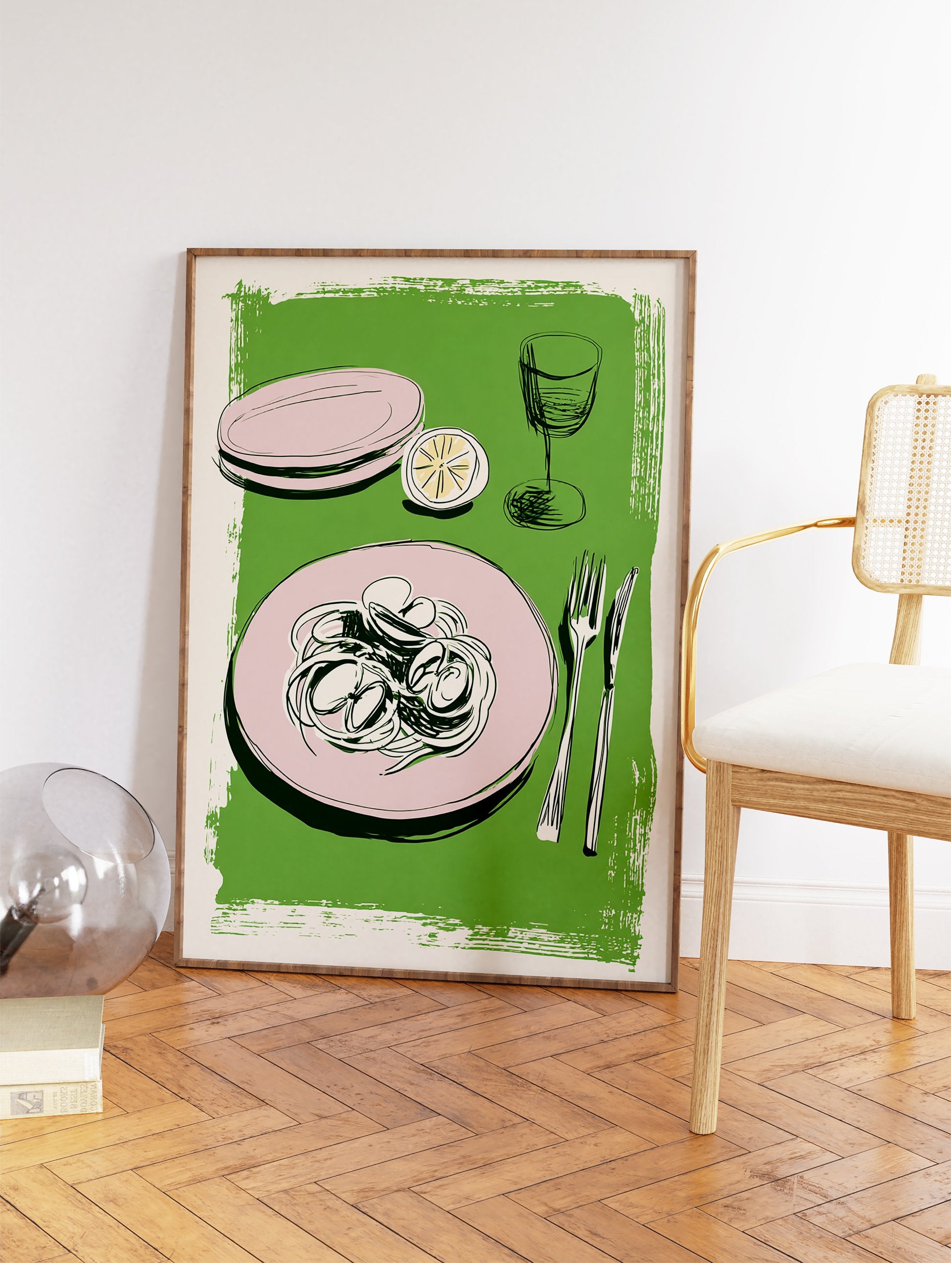 Illustrated Italian pasta with clams, lemon, pink plates, forks, and a wine glass on a green background. Food wall art. - Image 2