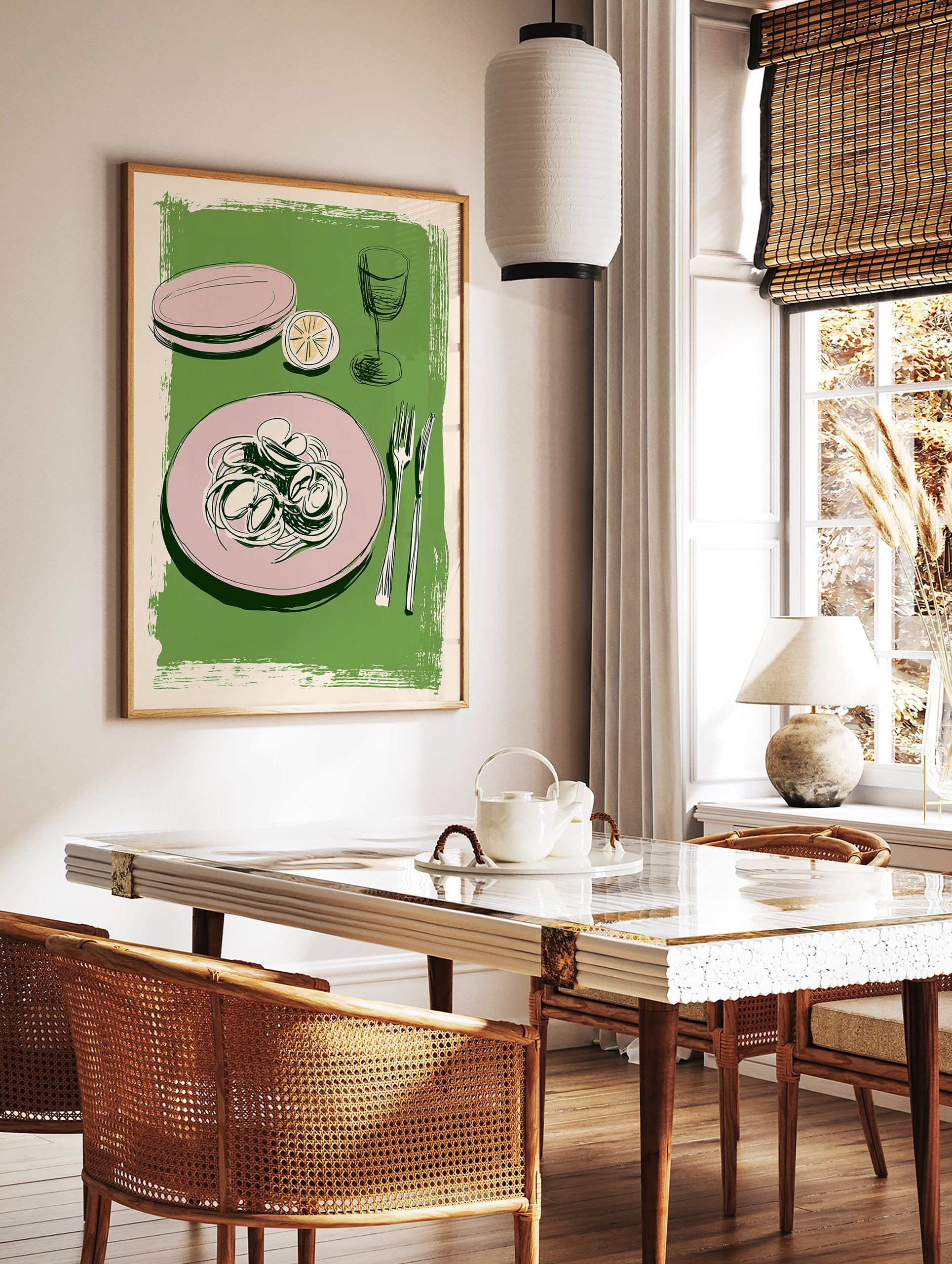 Illustrated Italian pasta with clams, lemon, pink plates, forks, and a wine glass on a green background. Food wall art. - Image 3
