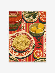 Illustrative still life print of spaghetti, lemons, and grapefruit on a red striped tablecloth with patterned dishes