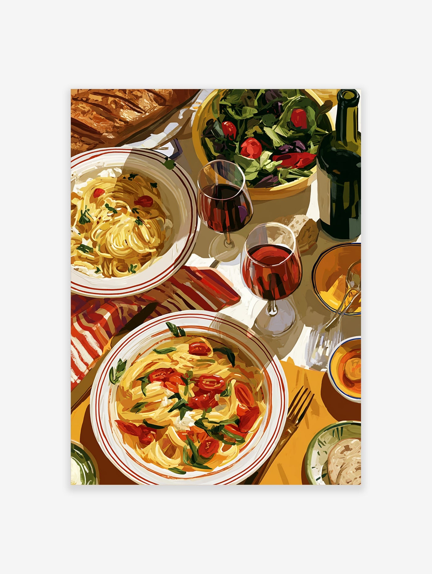 Illustrative print of spaghetti, salad, and wine glasses on a table, vibrant food art for kitchen decor