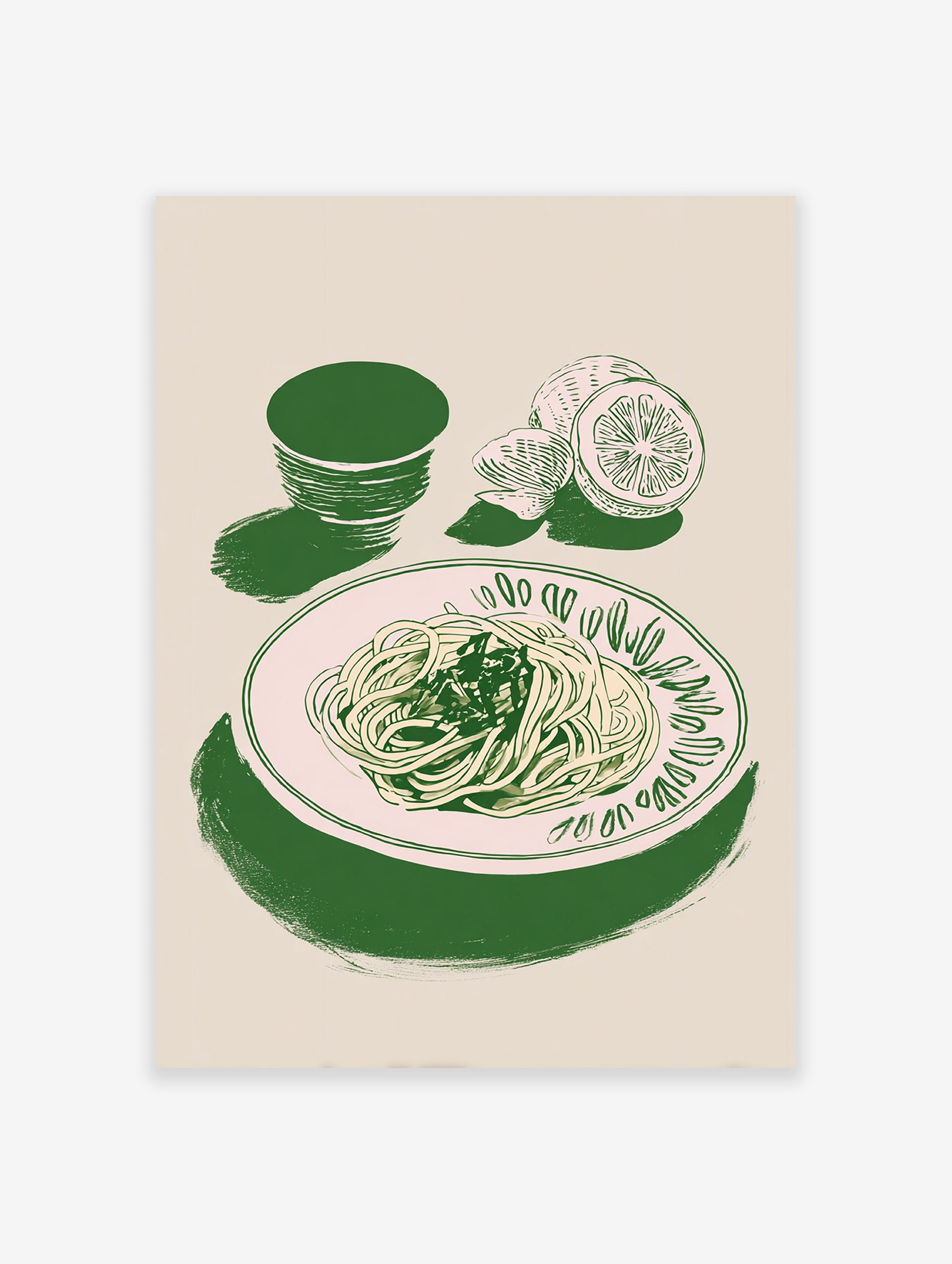 Green pasta wall art illustration featuring spaghetti on a plate with sliced lemons and a bowl on a light background.