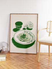 Green pasta wall art illustration featuring spaghetti on a plate with sliced lemons and a bowl on a light background. - Image 2