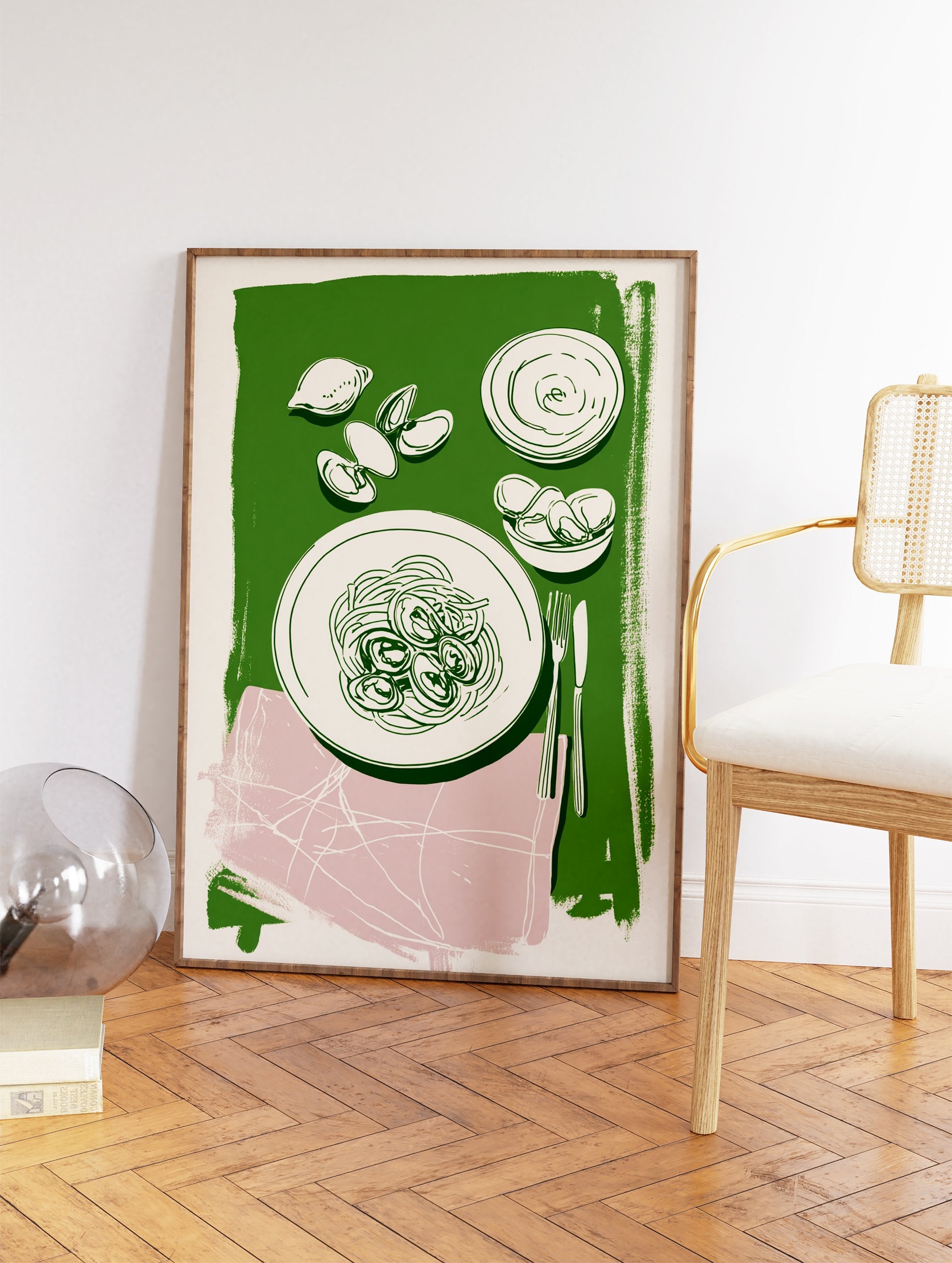 Illustrative wall art of spaghetti alle vongole with clams and lemon on a green background, perfect for kitchen decor. - Image 2