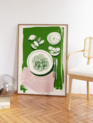 Illustrative wall art of spaghetti alle vongole with clams and lemon on a green background, perfect for kitchen decor. - Image 2