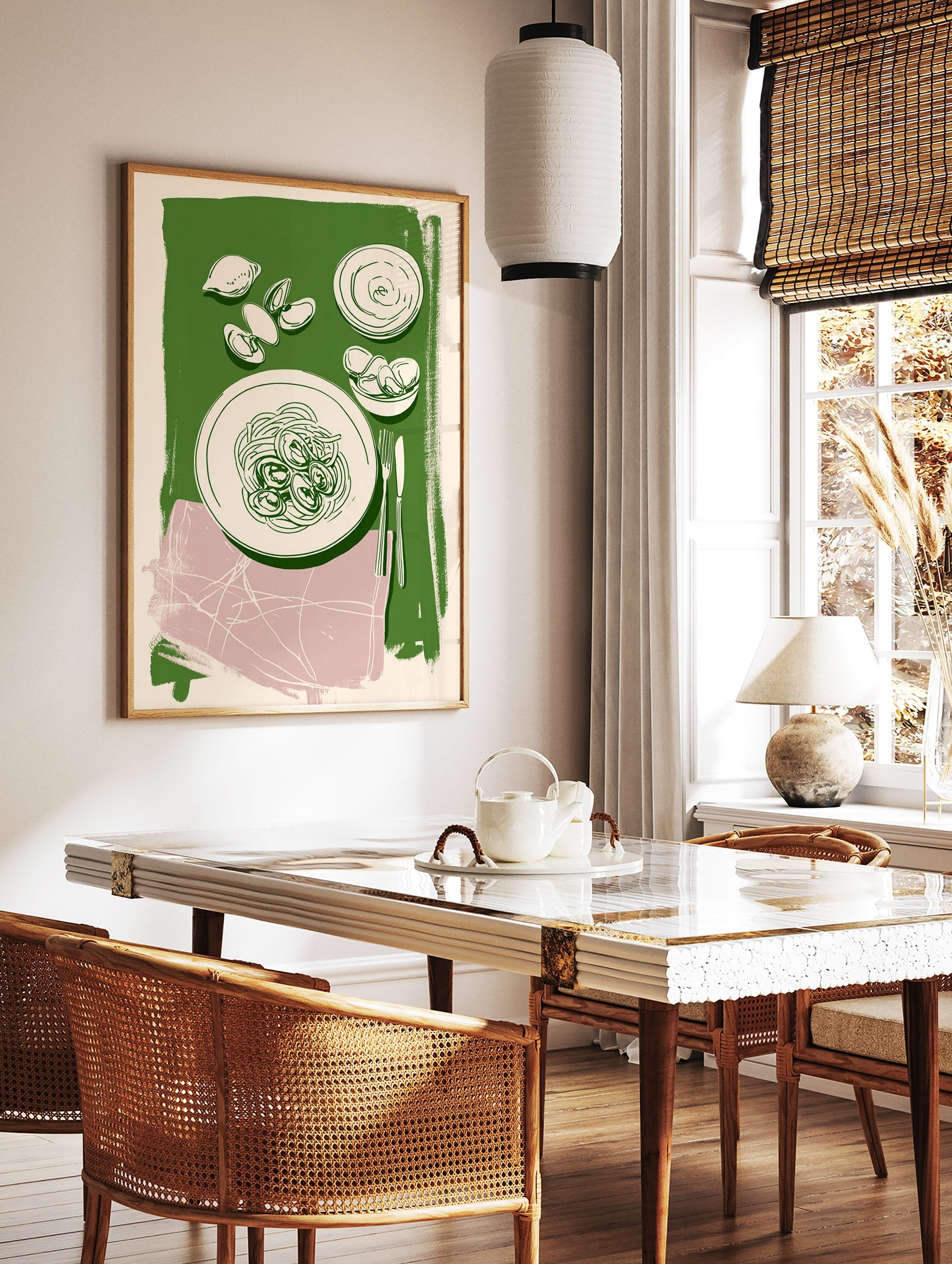 Illustrative wall art of spaghetti alle vongole with clams and lemon on a green background, perfect for kitchen decor. - Image 3