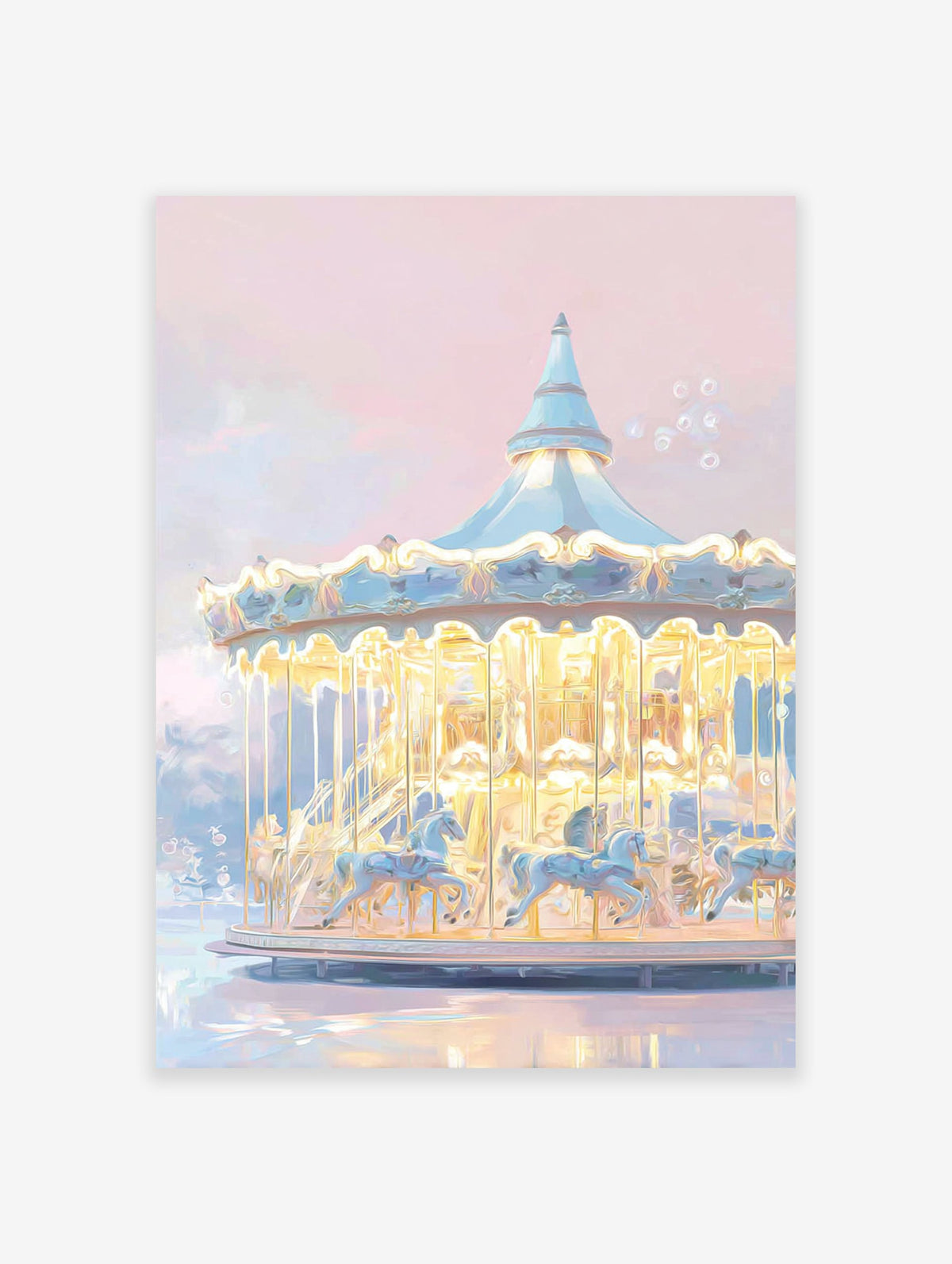 Pastel carousel poster with illuminated horses under a light blue and pink sky, reflecting on a calm surface.