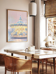 Pastel carousel poster with illuminated horses under a light blue and pink sky, reflecting on a calm surface. - Image 2