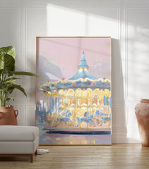 Pastel carousel poster with illuminated horses under a light blue and pink sky, reflecting on a calm surface. - Image 3