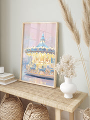 Pastel carousel poster with illuminated horses under a light blue and pink sky, reflecting on a calm surface. - Image 4
