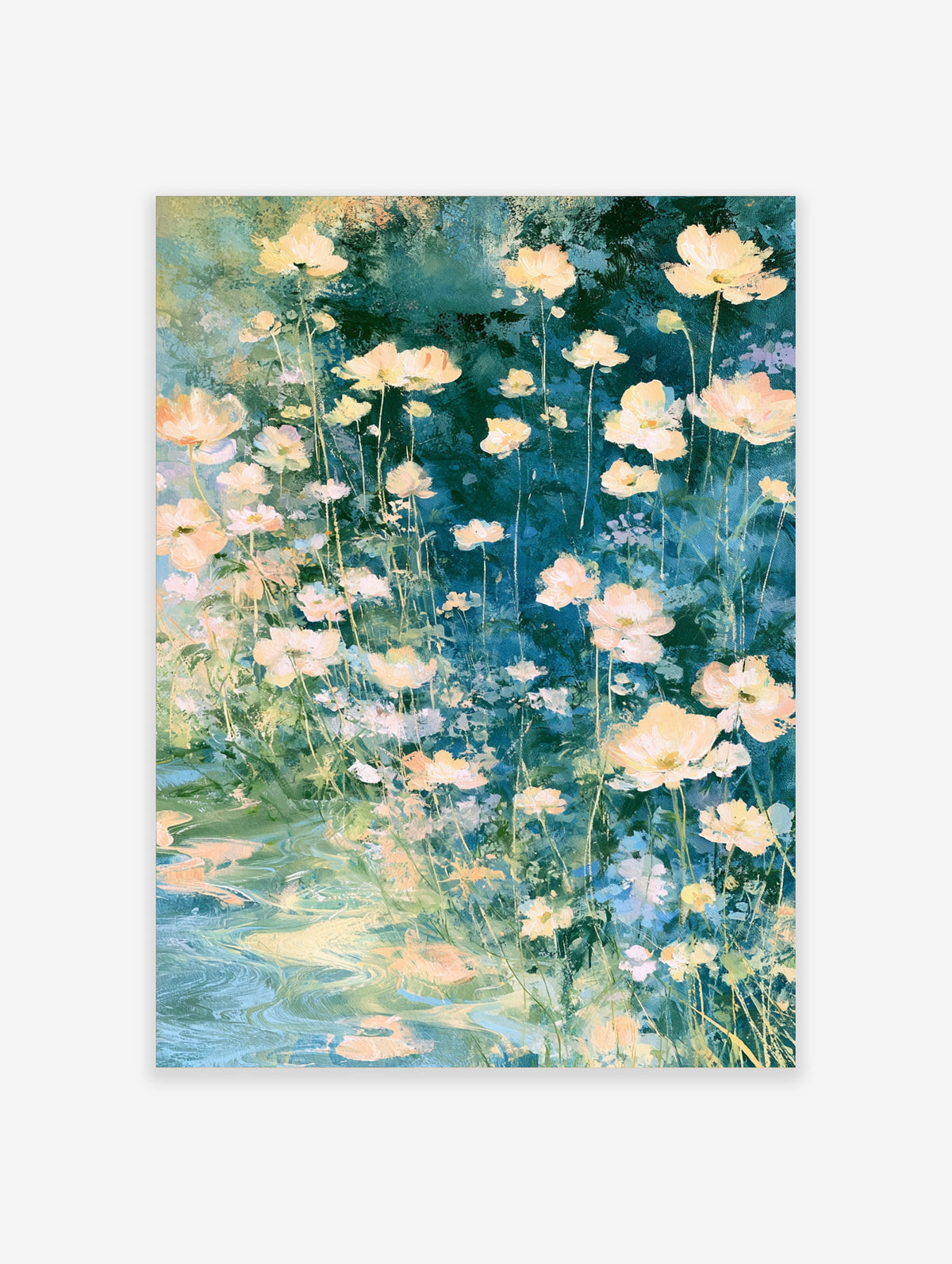 Pastel floral meadow art print with peach and cream flowers on a deep teal background