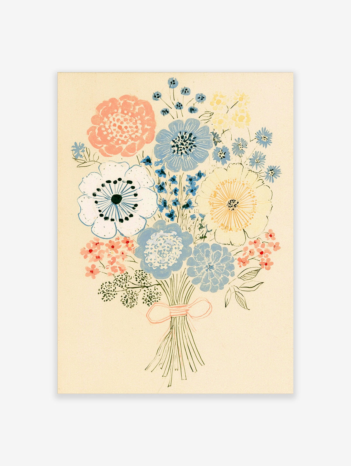 Pastel flower bouquet illustration with pink, blue and yellow blooms tied by a ribbon on cream background