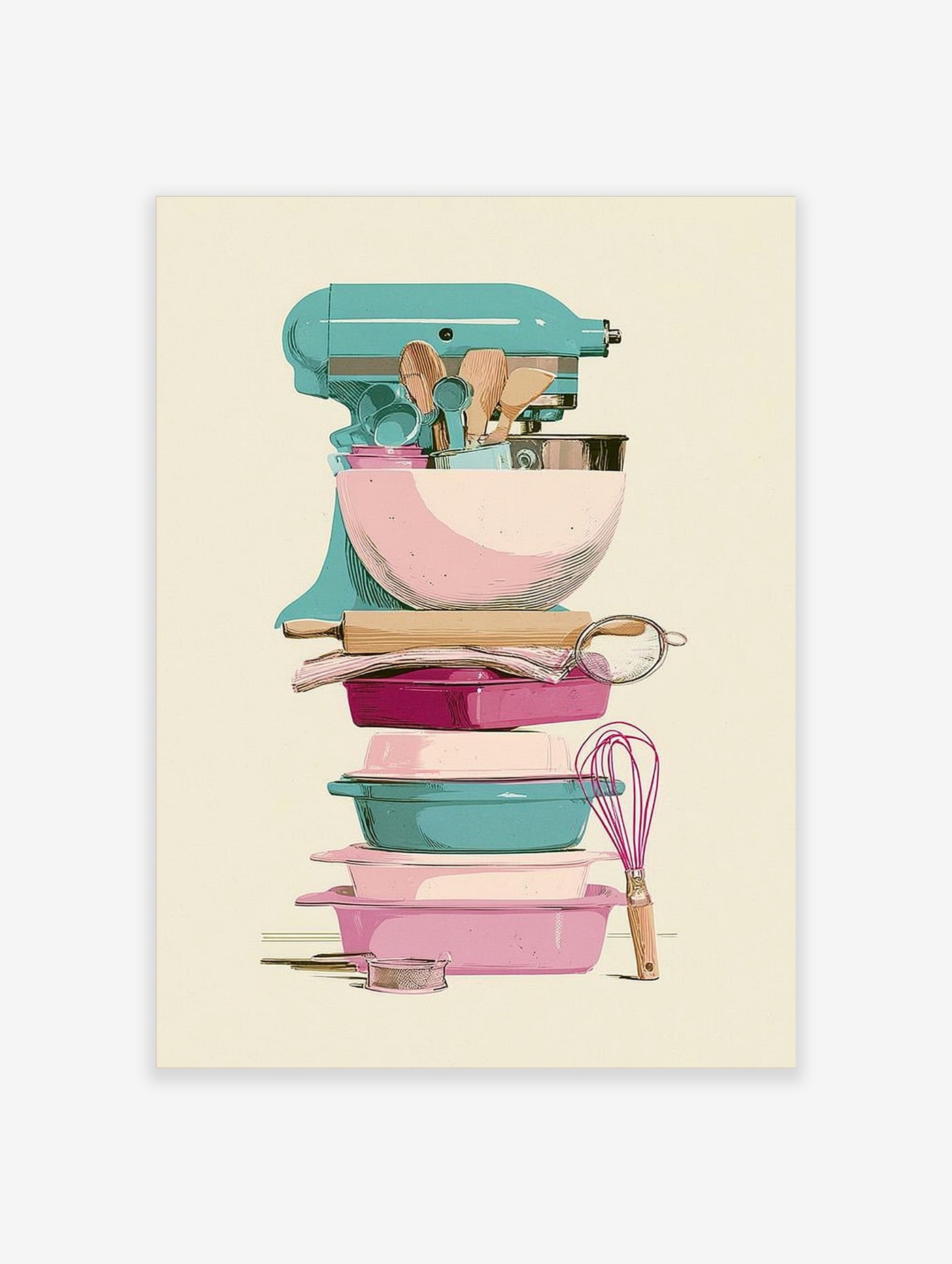 Pastel kitchen art print with teal stand mixer, pink bowls, rolling pin, and whisk on cream background