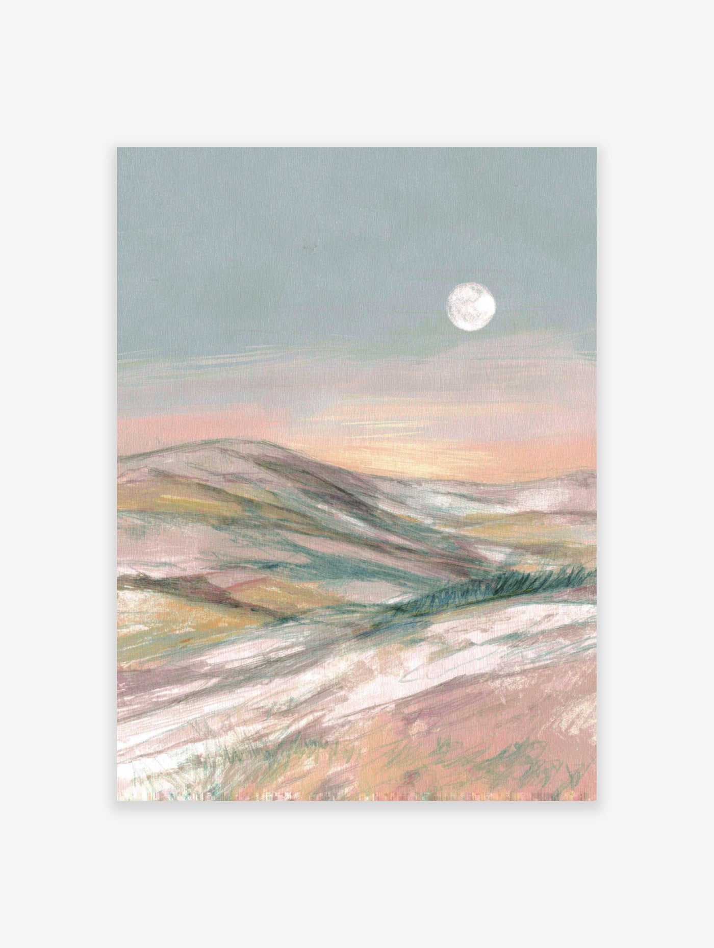 Abstract pastel landscape painting with rolling hills under a soft blue sky with a full moon.