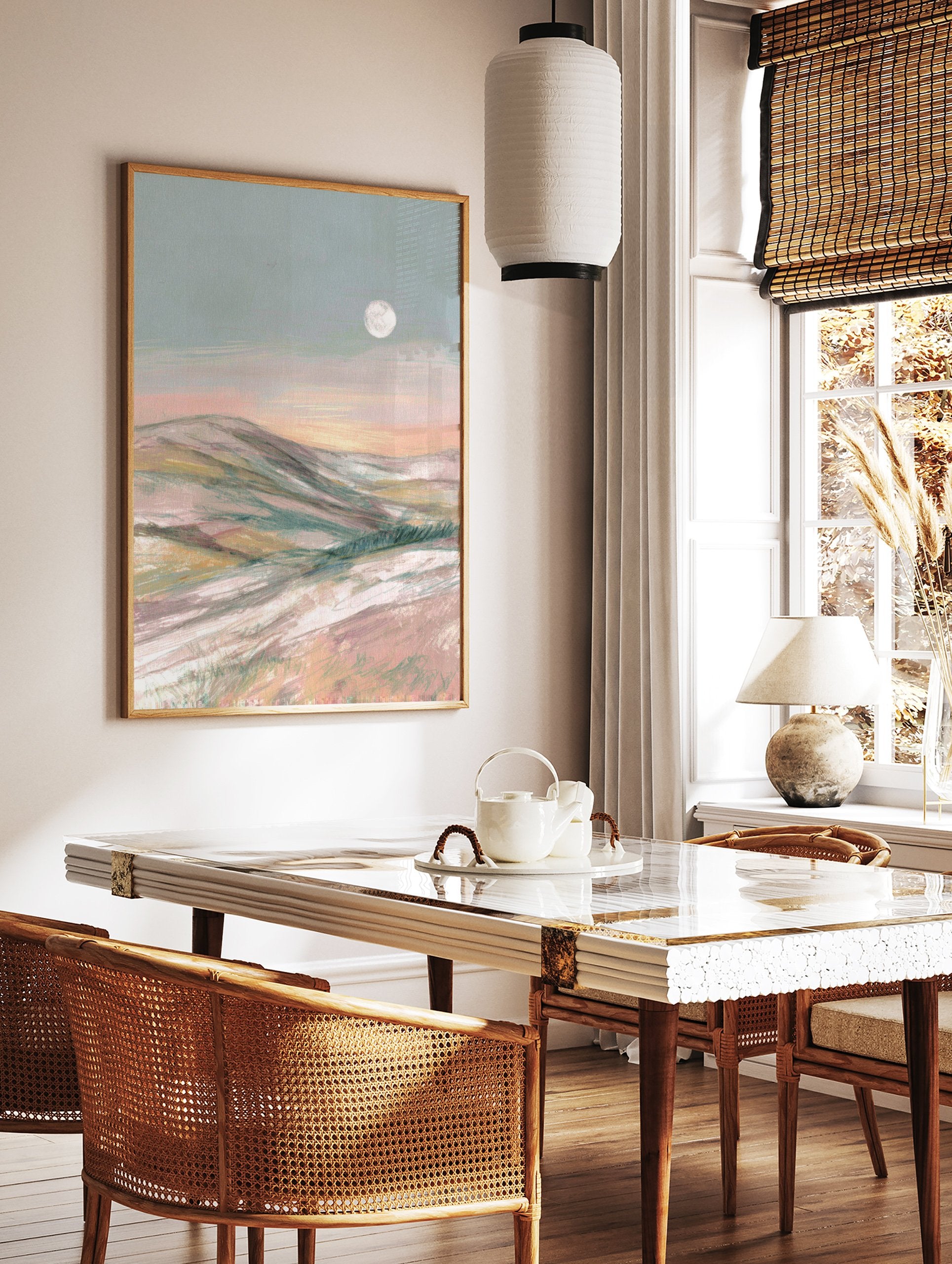 Abstract pastel landscape painting with rolling hills under a soft blue sky with a full moon. - Image 2