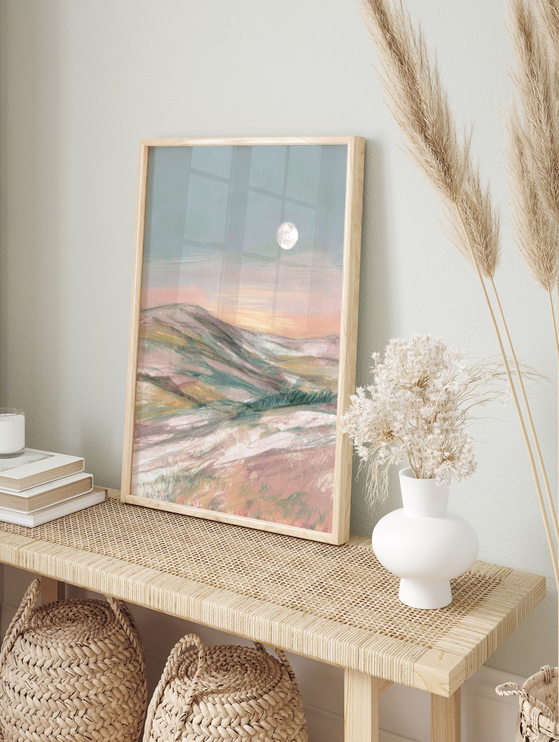 Abstract pastel landscape painting with rolling hills under a soft blue sky with a full moon. - Image 3