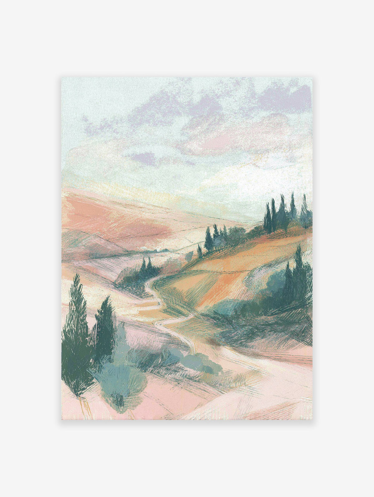 Pastel landscape painting showing rolling hills, a winding path, and cypress trees under a cloudy sky in soft pink, green, and orange hues.