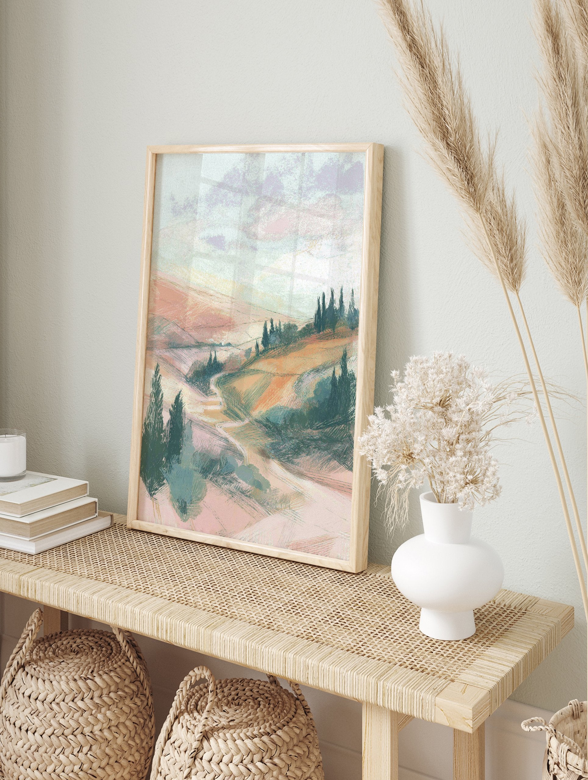 Pastel landscape painting showing rolling hills, a winding path, and cypress trees under a cloudy sky in soft pink, green, and orange hues. - Image 3