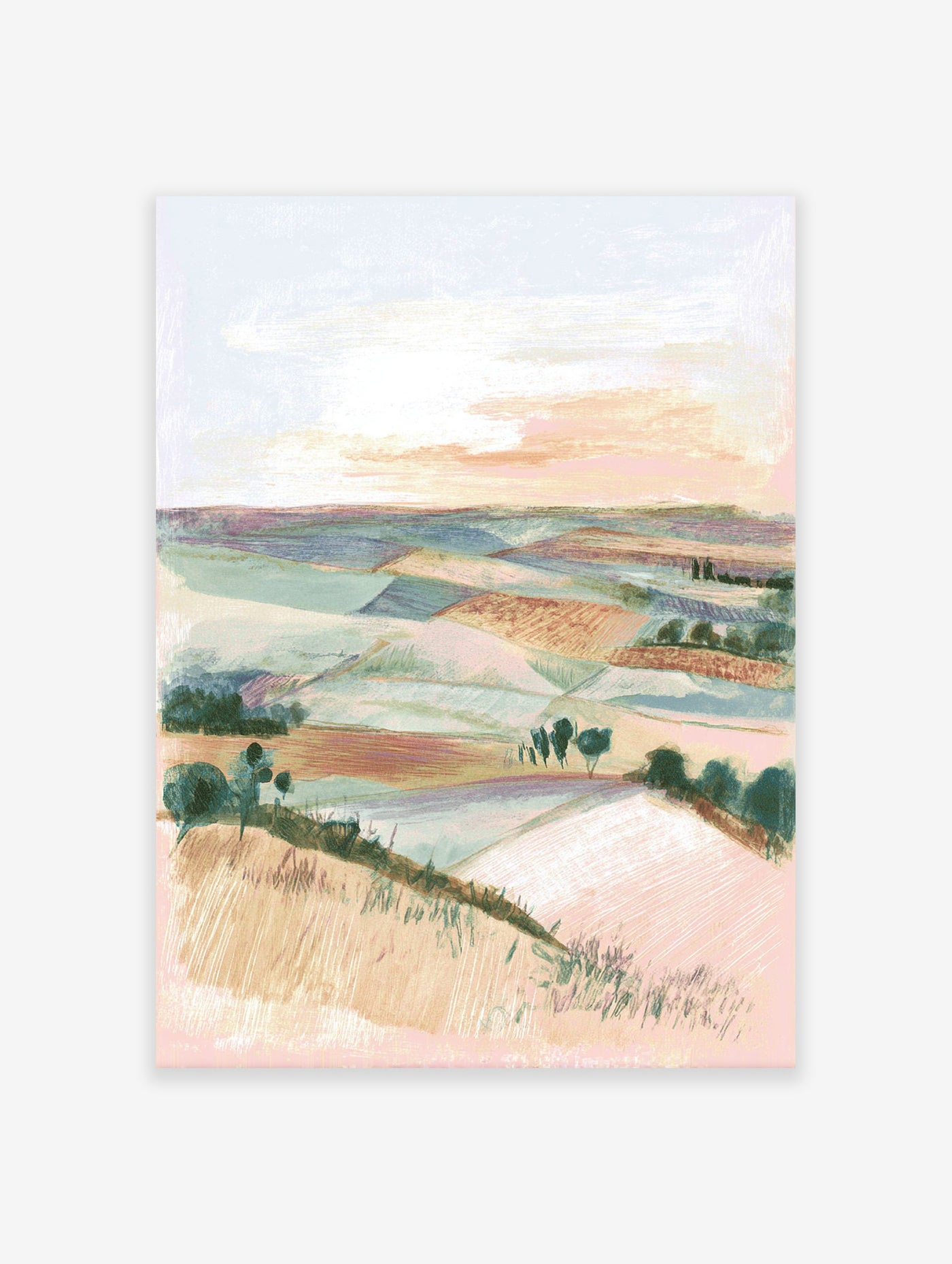 Impressionist pastel landscape painting of rolling fields and distant trees under a soft sky, countryside wall art.
