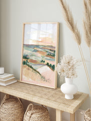 Impressionist pastel landscape painting of rolling fields and distant trees under a soft sky, countryside wall art. - Image 3