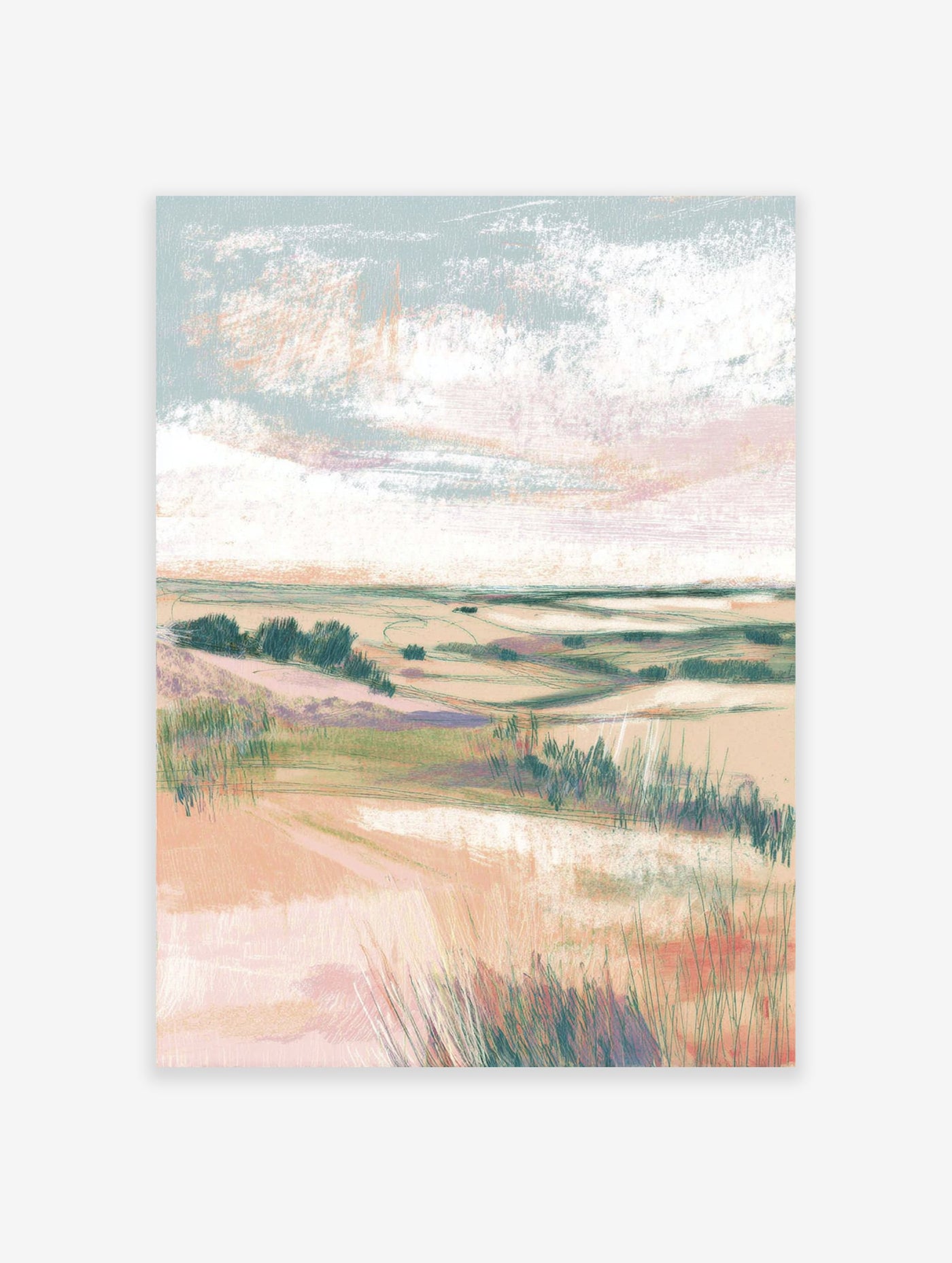 Pastel landscape painting of coastal dunes with green grasses and a soft sky, featuring textured brushstrokes.