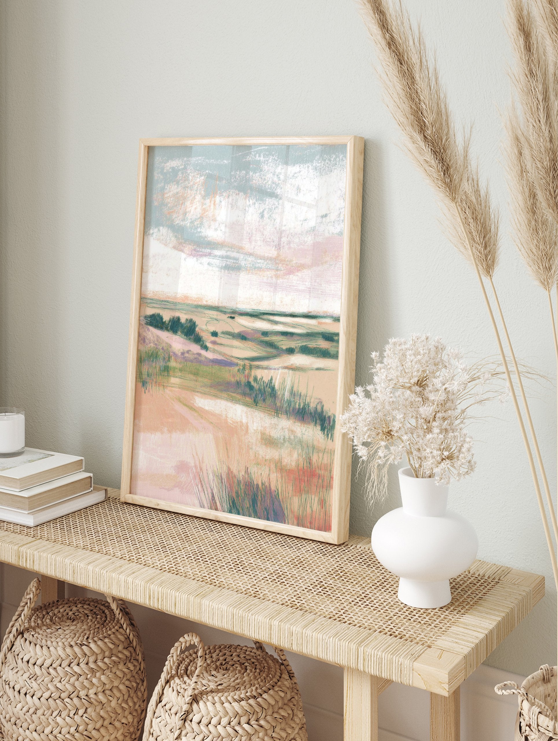 Pastel landscape painting of coastal dunes with green grasses and a soft sky, featuring textured brushstrokes. - Image 3