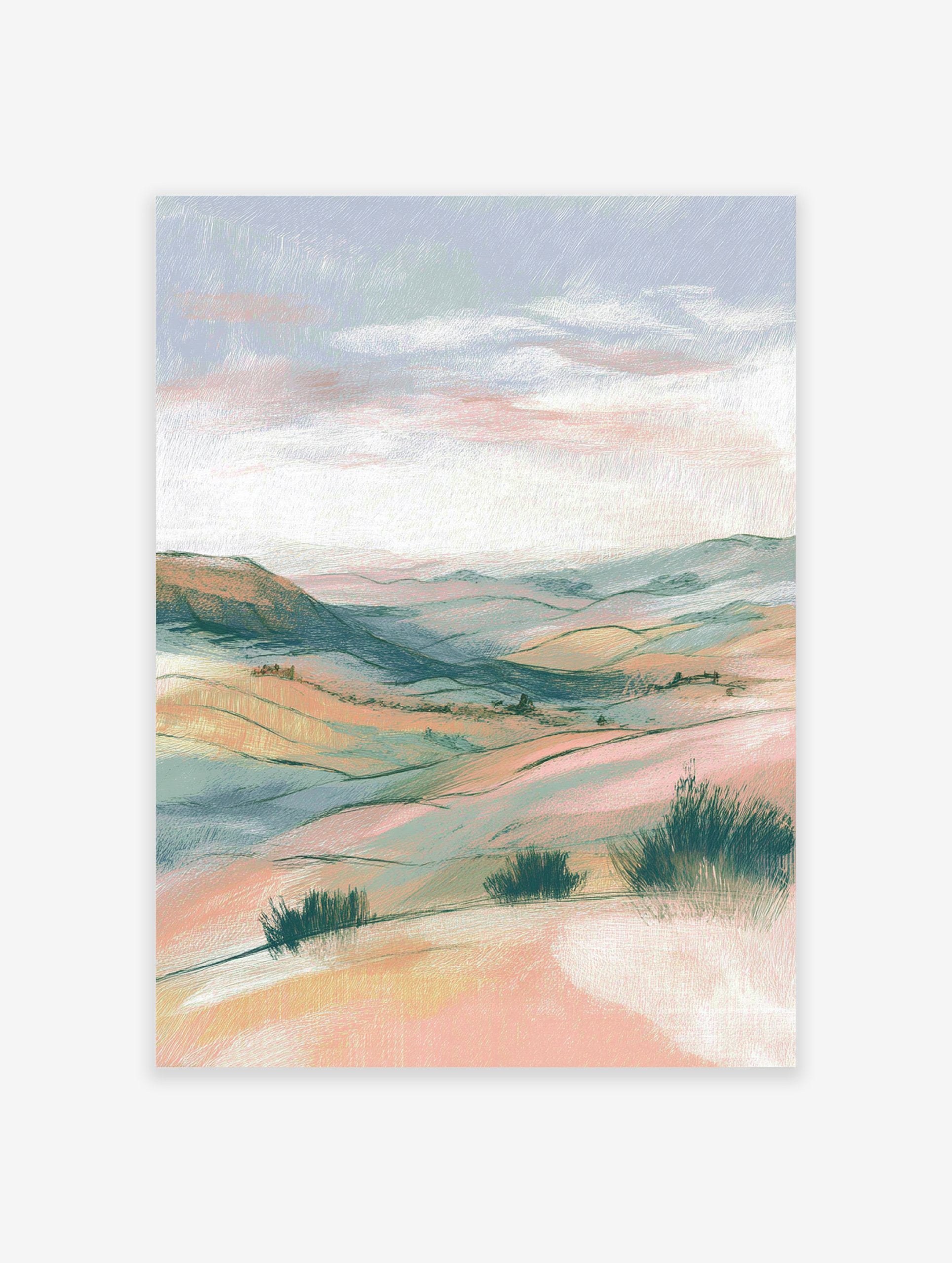 Pastel landscape wall art featuring rolling hills and soft sky with bushes in the foreground, rendered in an illustrative style.