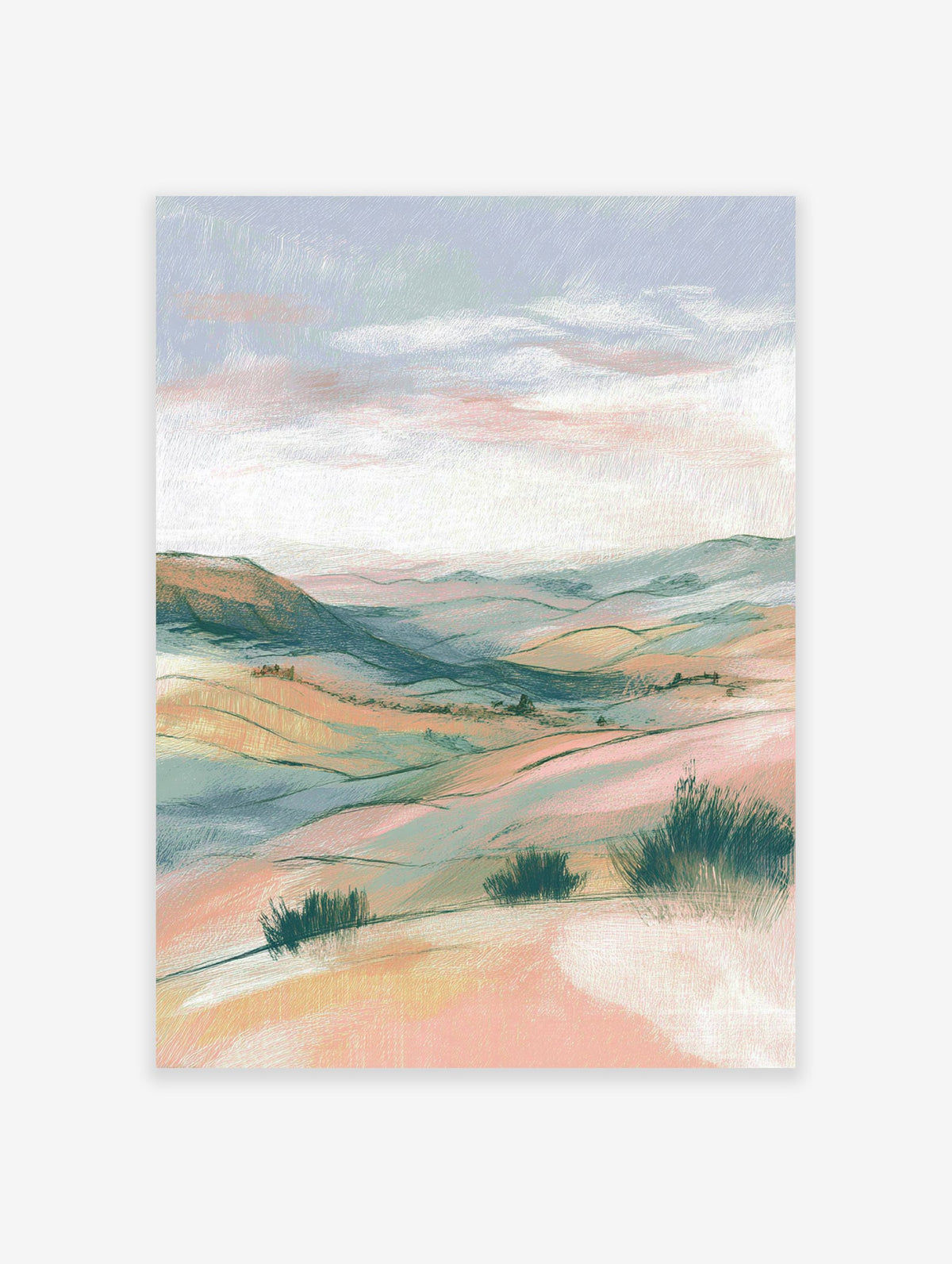 Pastel landscape wall art featuring rolling hills and soft sky with bushes in the foreground, rendered in an illustrative style.