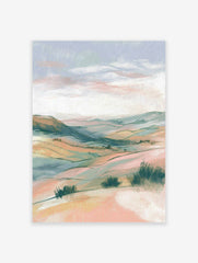 Pastel landscape wall art featuring rolling hills and soft sky with bushes in the foreground, rendered in an illustrative style.