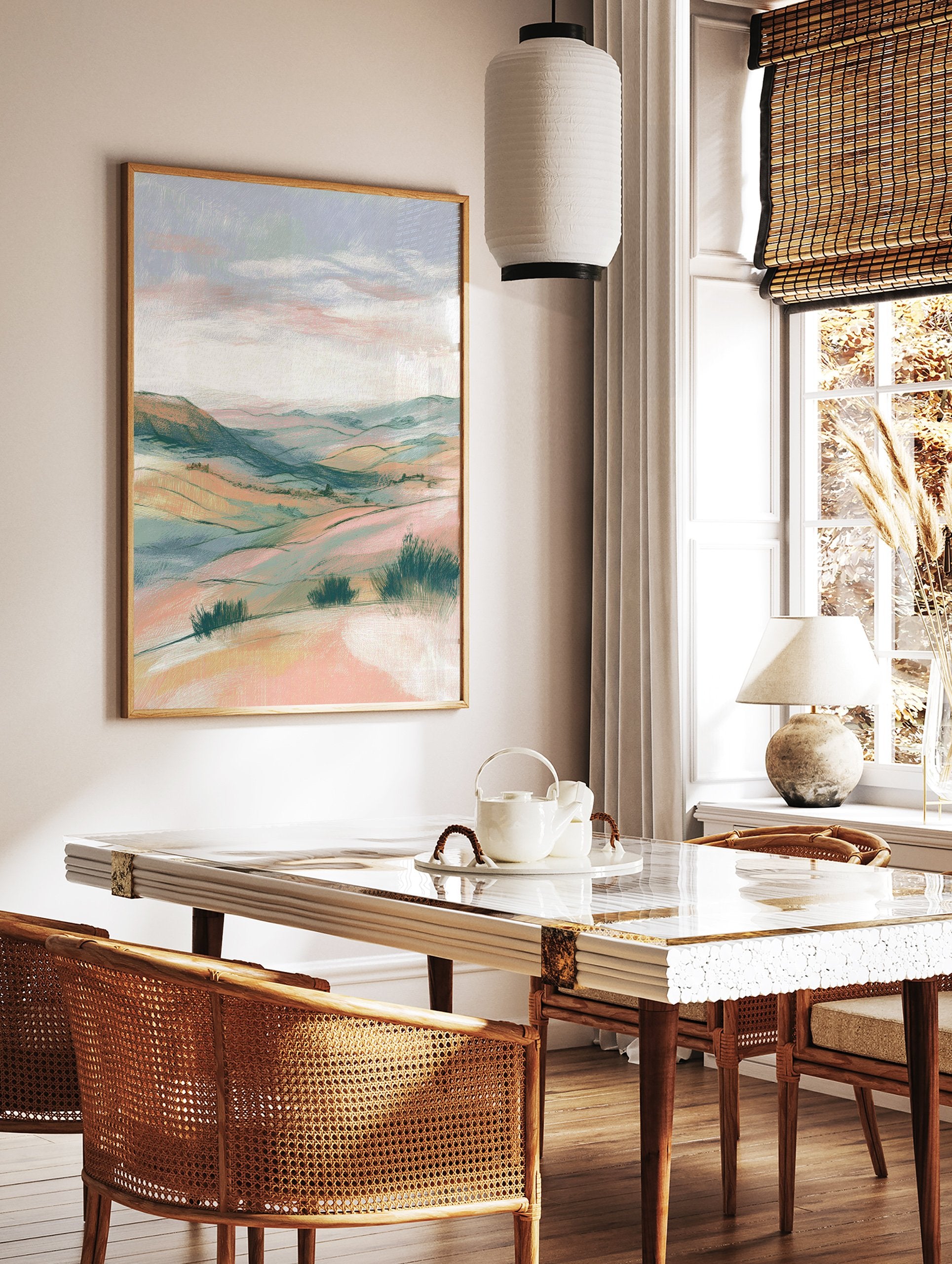 Pastel landscape wall art featuring rolling hills and soft sky with bushes in the foreground, rendered in an illustrative style. - Image 2