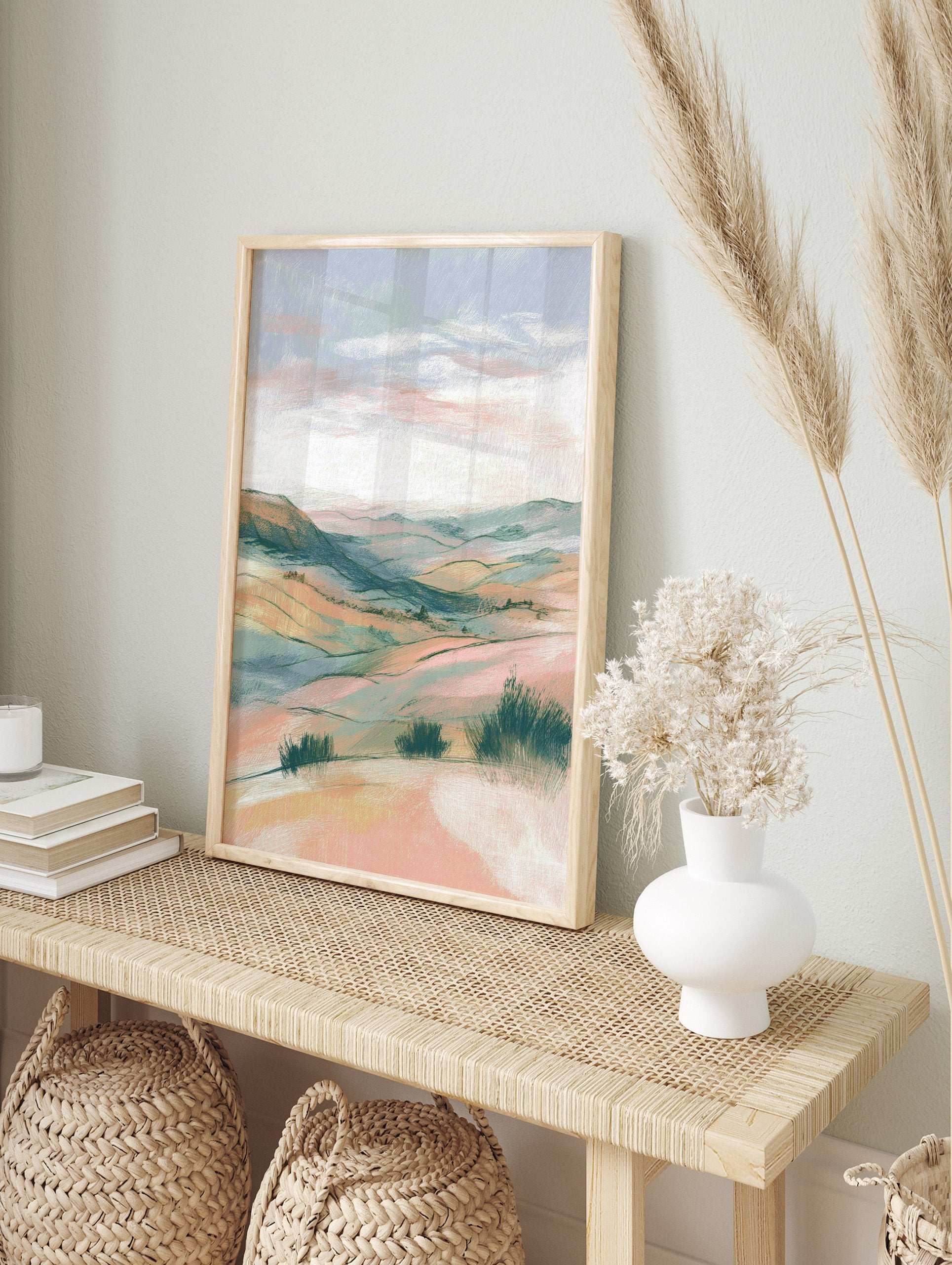 Pastel landscape wall art featuring rolling hills and soft sky with bushes in the foreground, rendered in an illustrative style. - Image 3