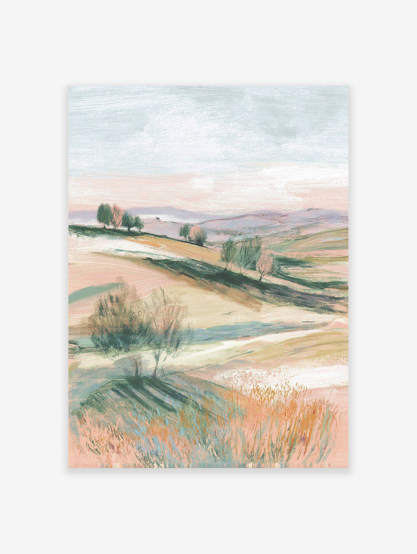 Abstract pastel landscape wall art with rolling hills, sparse trees, and fields in soft pink, green, and beige tones.