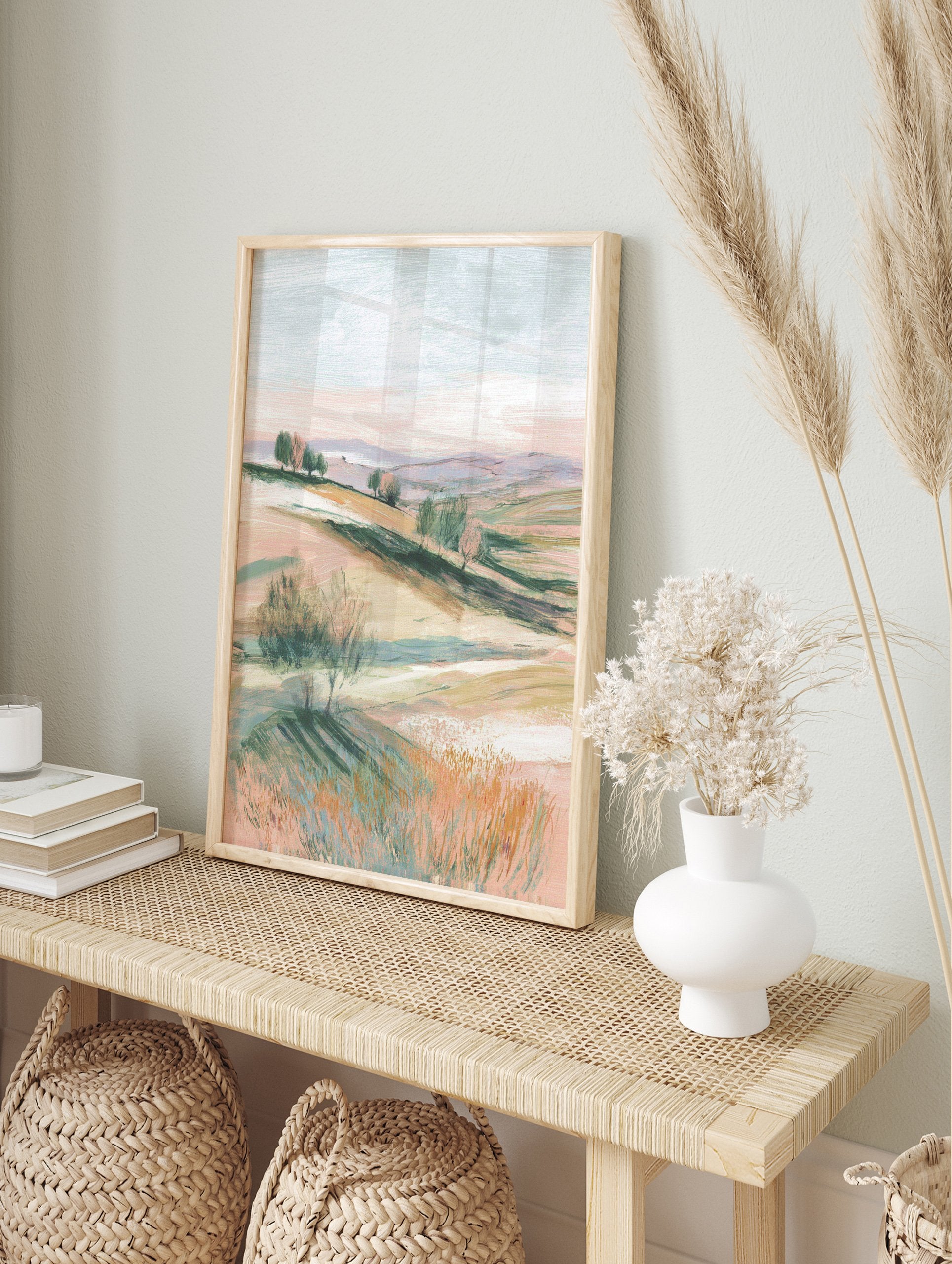 Abstract pastel landscape wall art with rolling hills, sparse trees, and fields in soft pink, green, and beige tones. - Image 3