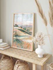 Abstract pastel landscape wall art with rolling hills, sparse trees, and fields in soft pink, green, and beige tones. - Image 3